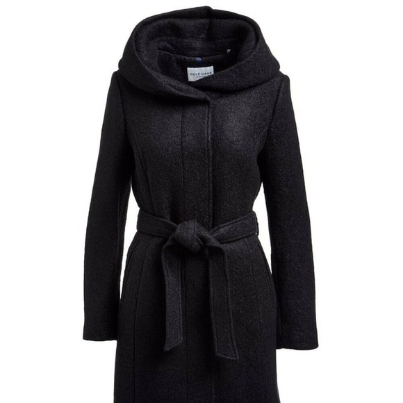 Cole Haan Black Wool-Blend Tie-Waist Hooded Coat Size 6 - Picture 1 of 3